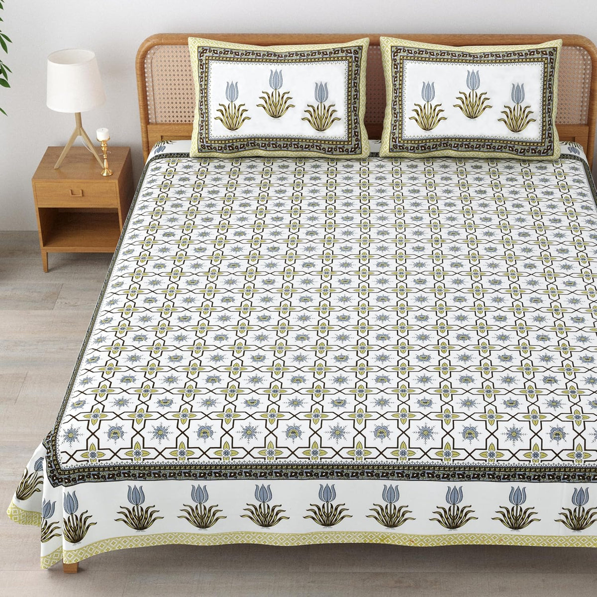 Traditional Rajasthani Cotton Bedsheet For King Size With 2 Matching Pillow Cover | 90 X 108 Inches, Sap Green & White | Soft & Comfortable Fabric