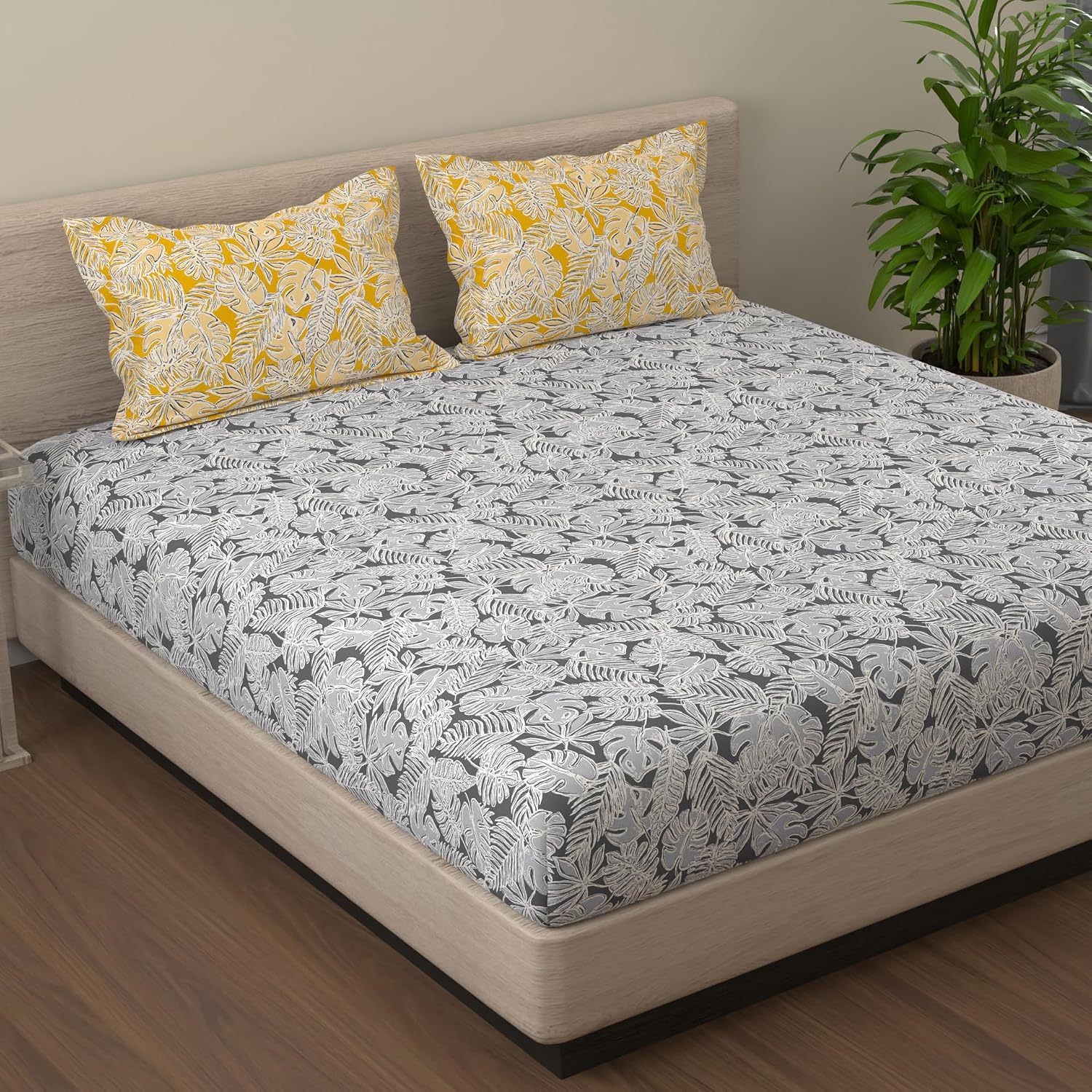 Grey & Yellow King Size Bedsheet With 2 Pillow Covers - 108 X 108 Inches | Cotton Bed Sheets Are Easy To Wash And Maintain At Home
