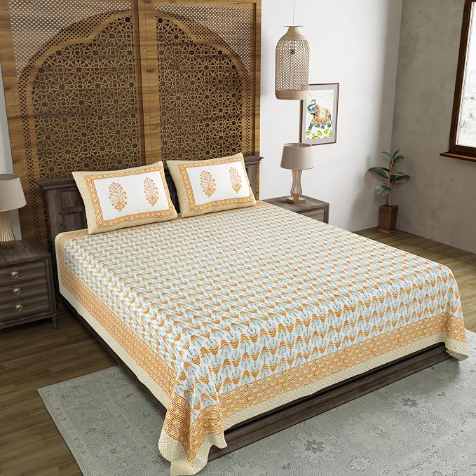 Traditional Hand Block Printed Cotton King Size Bedsheet With 2 Pillow Covers, 90 X 108 Inches, White | 200 Thread Count-Vibrant Bedding For Stylish Bedrooms