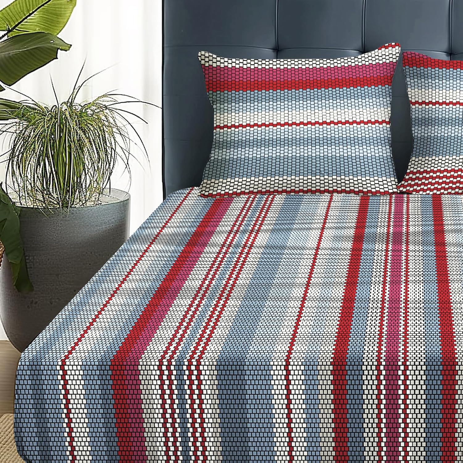 Queen Size Bedsheet With 2 King Size Pillow Covers - 88 X 100 Inches, Grey & Red | Ideal For House, Hotel, Guest Room | Soft & Breathable