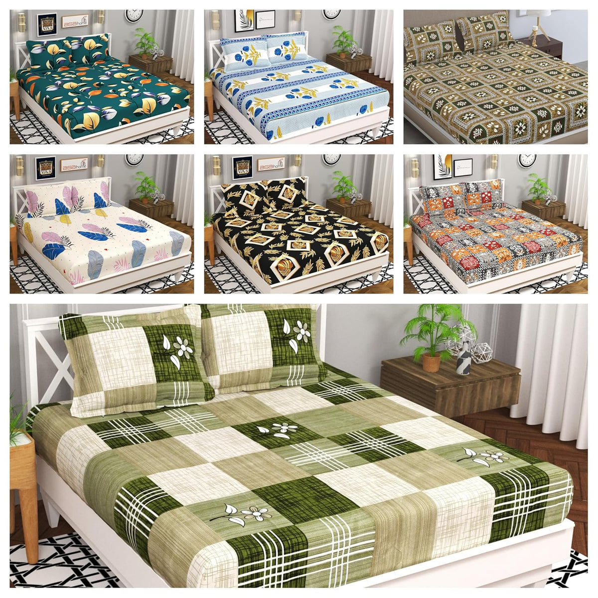 Combo 7 Double Bedsheet Set With 14 Matching Pillow Covers - 90 X 90 Inches, Multicolor | Durable Breathable & Wrinkle Free - Perfect Designs For Jaipuri Bedsheet