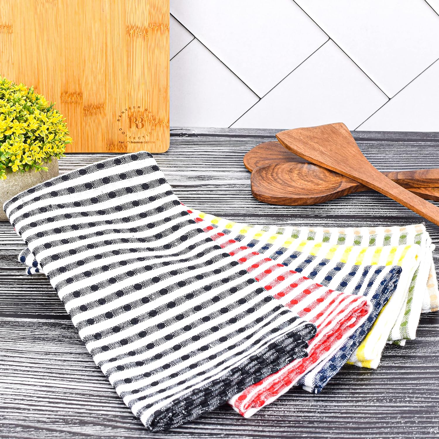 Sami Studios Kitchen Cotton Towels 300 Gsm | Highly & Absorbent For Kitchen Cleaning & Quick Drying Elegant Waffle Checks X-Large Towel (Set Of 6) -Multicolor