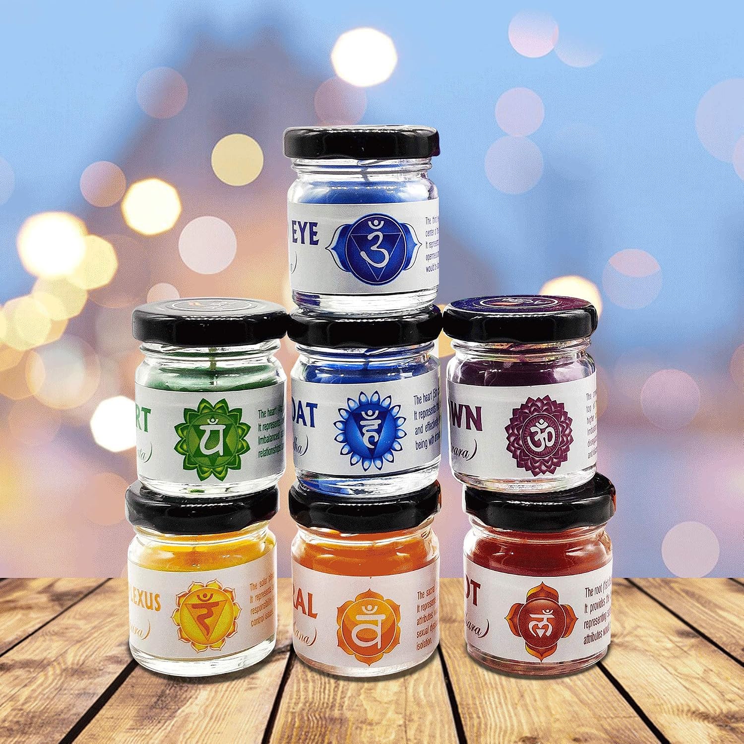 CHAKRAS JAR GLASS CANDLES SET OF 7 PERFECT FOR NIGHT CANDLIGHT DINNER FOR FAMILY