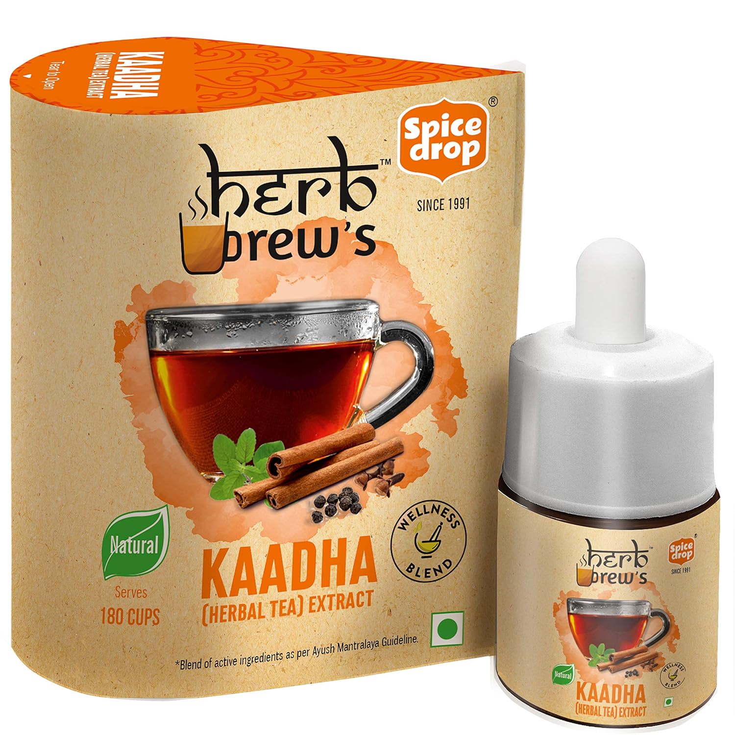 Spice Drop Kaadha Herbal Tea Extract - 180 Cups, 5ml, 0.1 Fl.Oz. | Contains Black Pepper, Clove, Cinnamon, Ginger & Tulsi - Chai Masala Drops | No Preservatives, Gluten Friendly, Keto Friendly