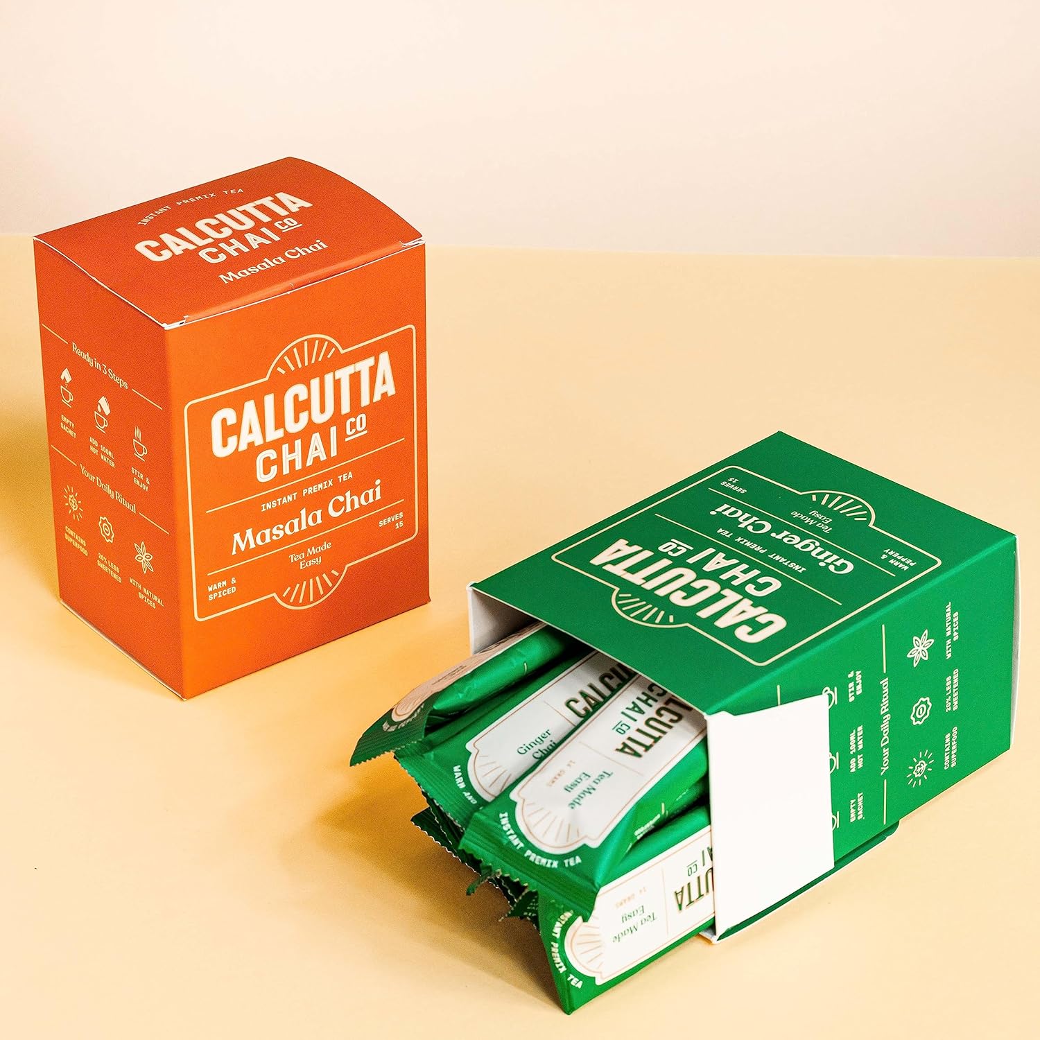 Calcutta Chai Co Instant Tea Premix Masala Chai + Ginger Chai - Pack Of 2 X 210gm, 7.4 Ounce Each, 30 Sachets | Premixed With Milk Solids & Sugar - Just Add Hot Water | High Caffeine