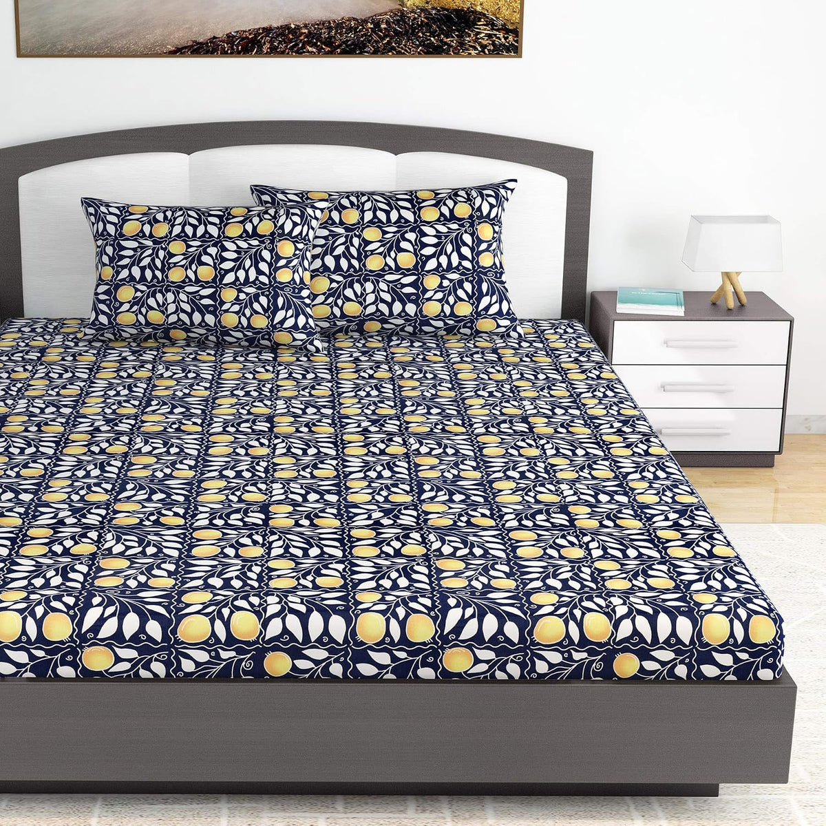 King Size Double Bedsheet With 2 Pillow Covers - 87 X 108 Inches, Navy & Orange | Soft & Durable For Everyday Use - All Season Comfort