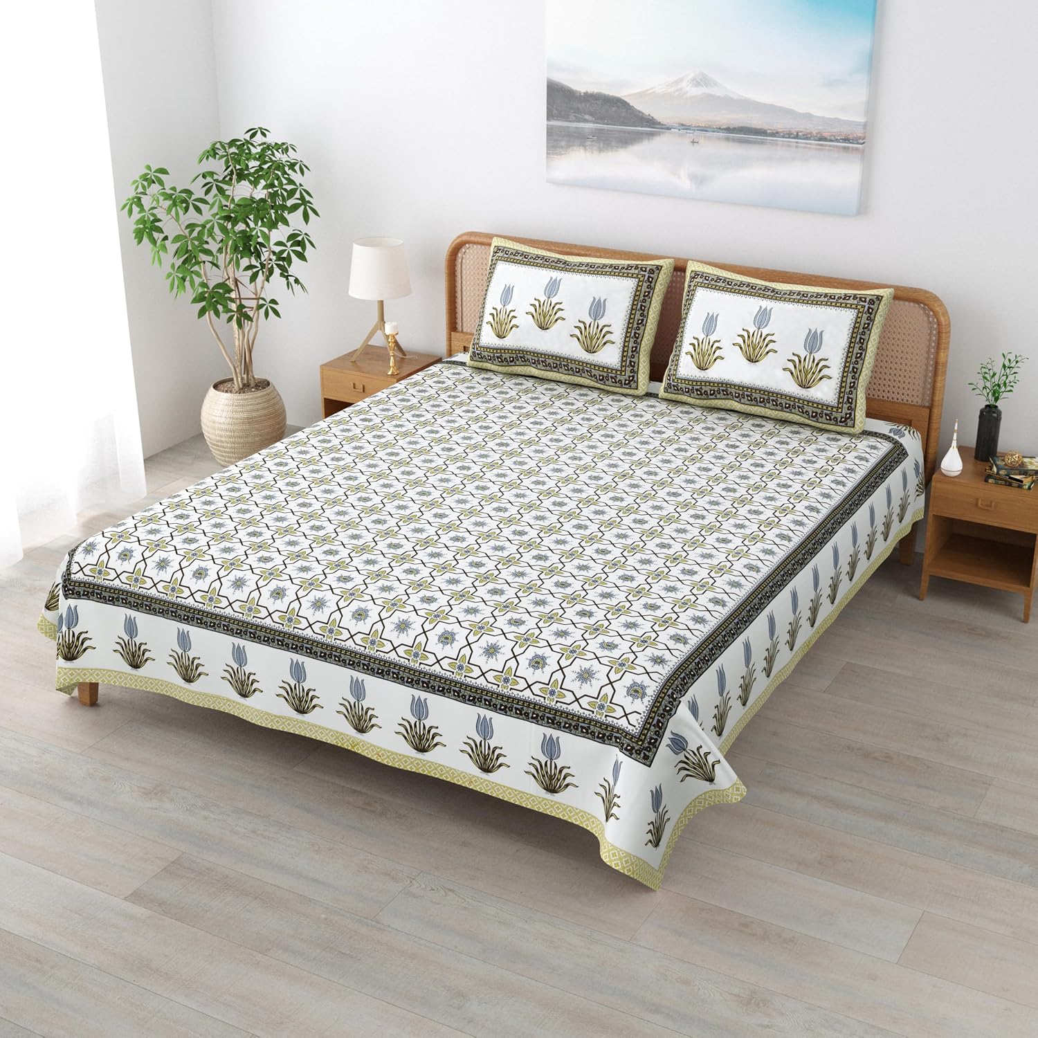 Traditional Rajasthani Cotton Bedsheet For King Size With 2 Matching Pillow Cover | 90 X 108 Inches, Sap Green & White | Soft & Comfortable Fabric