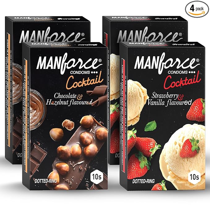 Manforce Cocktail Condoms With Dotted Rings (Strawberry+ Vanilla Chocolate+ Hazelnut) (Pack Of 4)