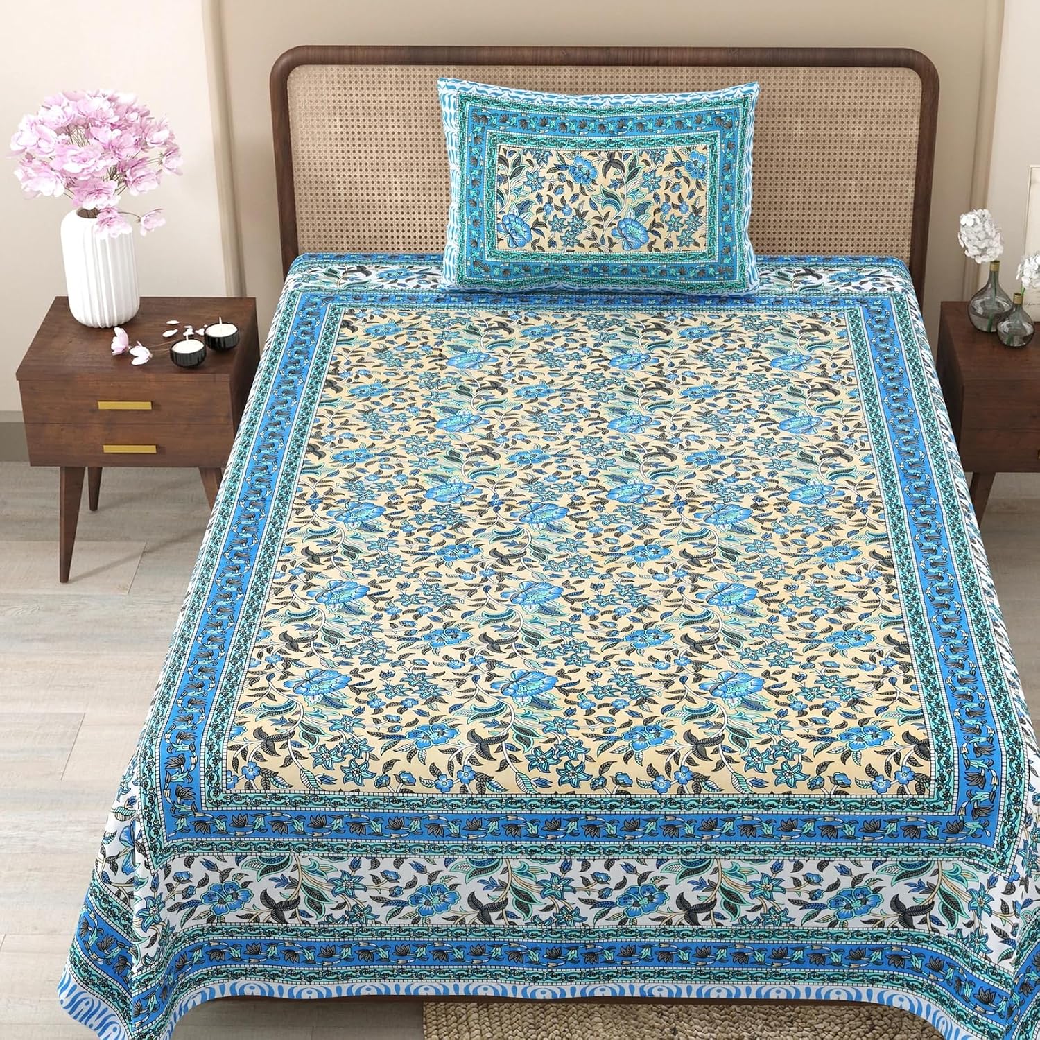 Soft Cotton Single Size Bedsheet With 1 Pillow Cover - 60 X 90 Inches, Cream & Blue | Durable For Everyday Use - All Season Comfort