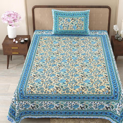 Soft Cotton Single Size Bedsheet With 1 Pillow Cover - 60 X 90 Inches, Cream & Blue | Durable For Everyday Use - All Season Comfort