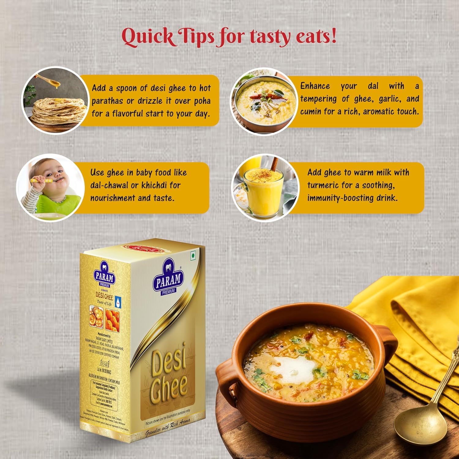 100% Pure Desi Ghee By Param Premium | Naturally Desi Ghee With Rich Aroma For Better Digestion & Immunity Good For Improves Digestion | 1 Litre (500ml * 2) 33.8 Ounce | Box Pack