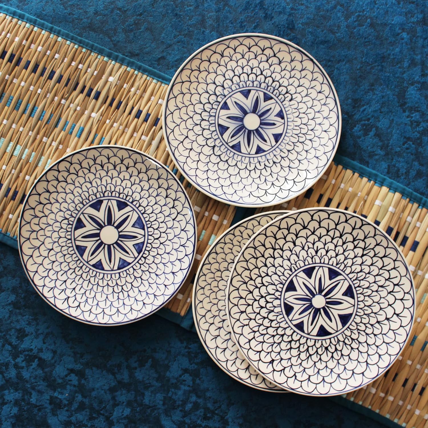 Mermaid Tales Hand Painted Ceramic Dinner Set - 8 Piece, White & Indigo | 4 Dinner Plates + 4 Katori Serving Bowls, 180ml Each | Serving For 4, Microwave Safe & Dishwasher Safe