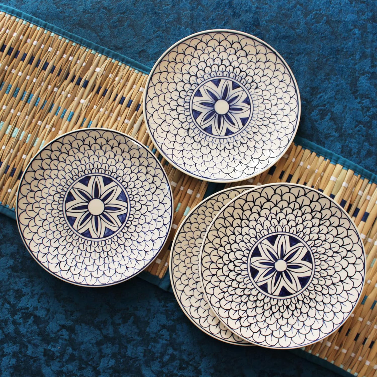 Mermaid Tales Ceramic Dinner Plates Set Of 4 - 10 Inches, 4 Pieces, Blue & White | Handcrafted Full Ceramic Plates For Dinner - Microwave Safe & Dishwasher Safe