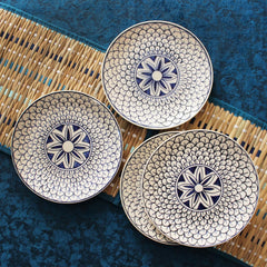 Mermaid Tales Hand Painted Ceramic Dinner Set - 8 Piece, White & Indigo | 4 Dinner Plates + 4 Katori Serving Bowls, 180ml Each | Serving For 4, Microwave Safe & Dishwasher Safe