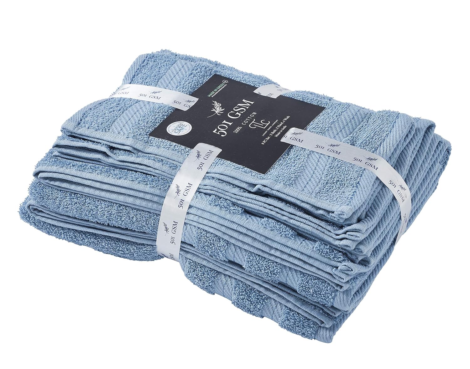 Senses By Riba 2 Bath + 2 Hand + 4 Face Cloths Towel 1.6 Kg (Blue) - Pack Of 8