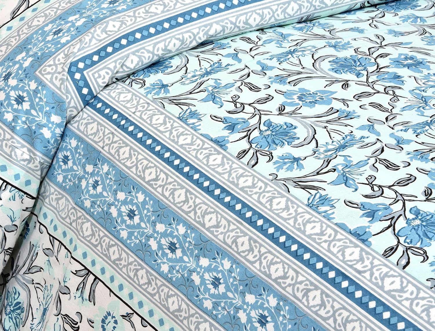 Traditional Rajasthani Design Bedsheet With 2 Pillow Covers - 90 X 108 Inches, Baby Blue & Grey | Color Fade Resistant & Shrinkage Resistant For All-Season Use