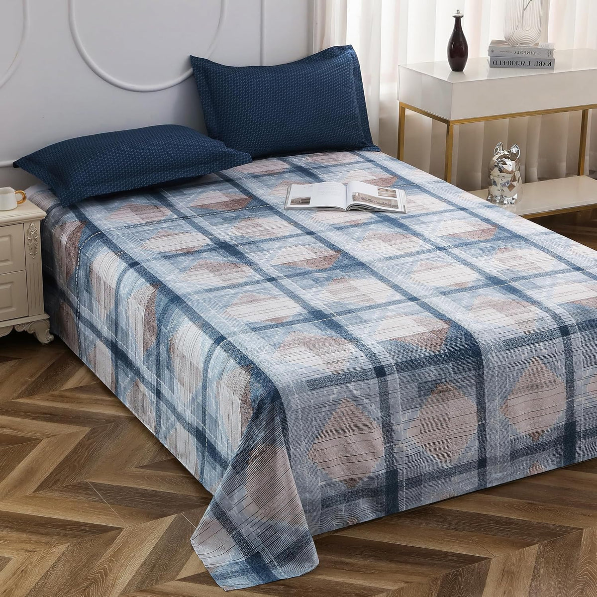 Bedsheets For Double Bed With 2 Pillow Cover - 92 X 98 Inches, Off White & Blue | Satin Finish Microfiber Queen Size Bedsheet | Skin Friendly & Breathable Fabric