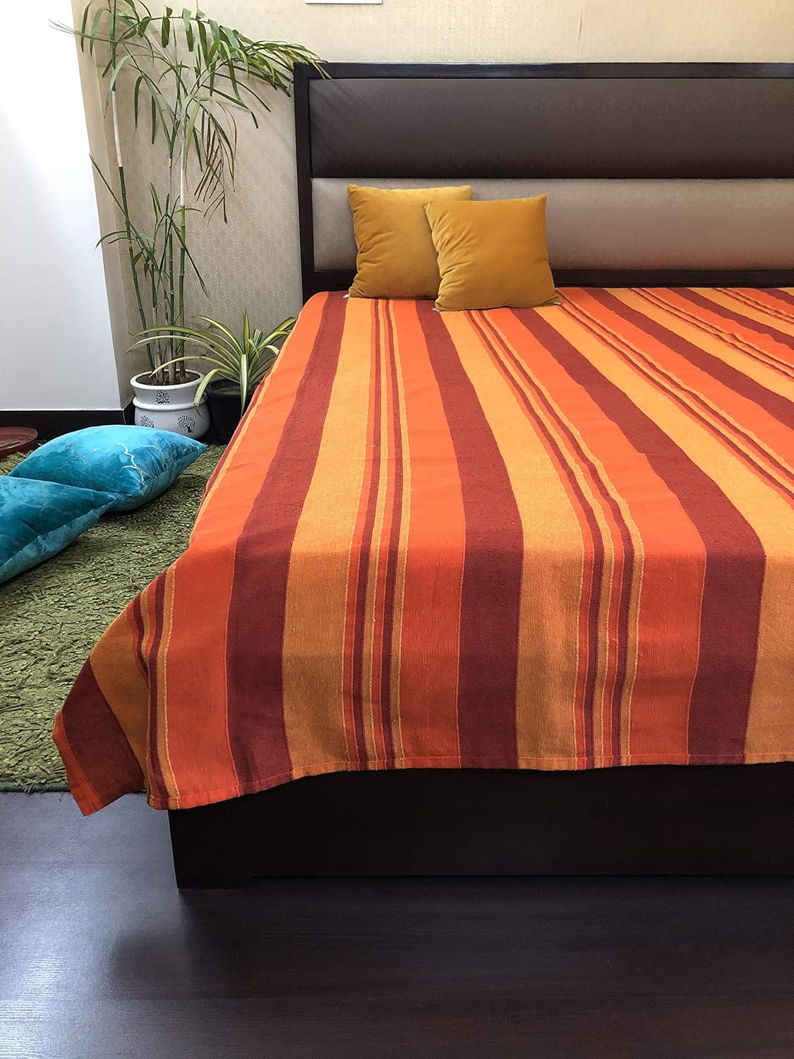 Handloom Cotton Single Bedsheet Without Pillow Covers | 60 X 90 Inches, Orange | Ideal For Diwali Decoration, Festive Gifting