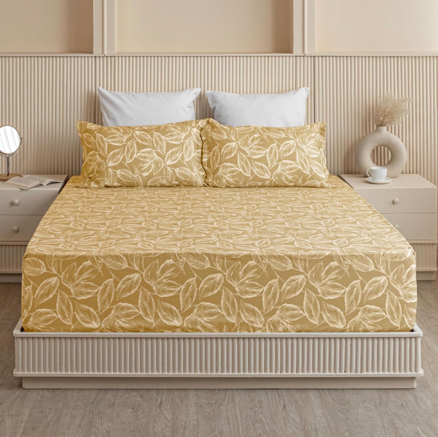 All Around Elastic Fitted Bedsheet For King Size With 2 Pillow Covers - 72 X 72 Inches, Golden | Soft & Breathable, For Bedroom & Gifting