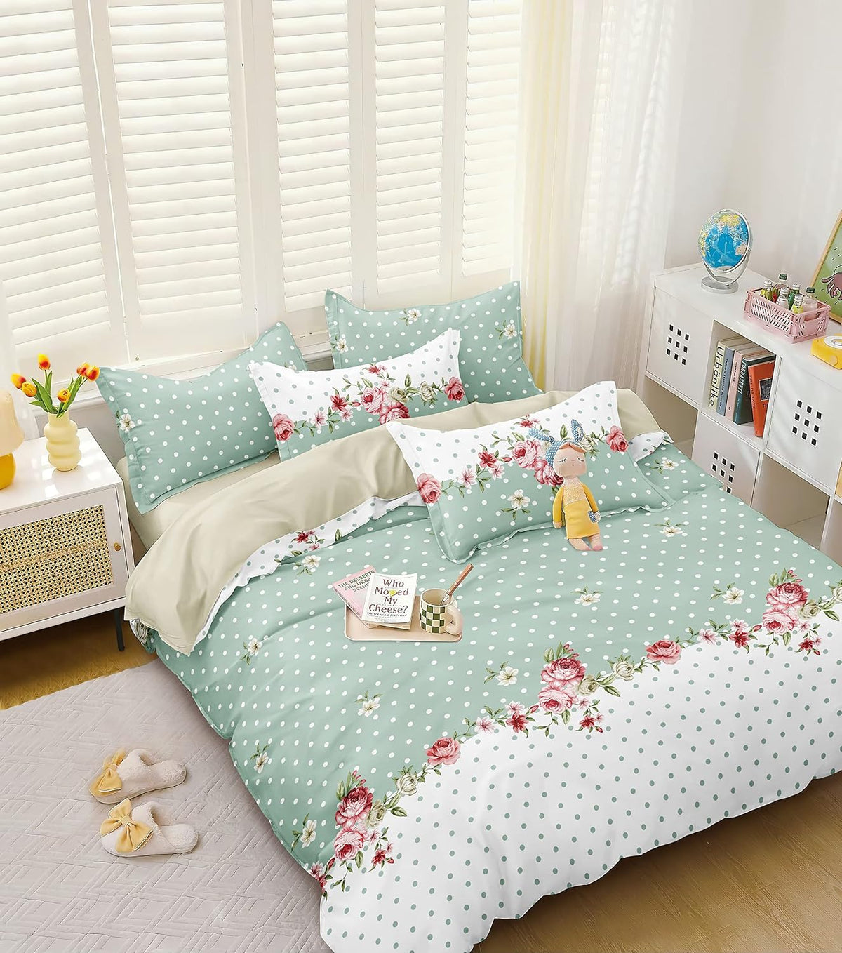 Printed King Size Double Bedsheet With 2 Pillow Cover - Size 72 X 78 X 10 Inches, White & Sea Green | Cotton Elastic Fitted All Around Bedsheet - Breathable & Wrinkle Free