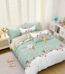Printed King Size Double Bedsheet With 2 Pillow Cover - Size 72 X 78 X 10 Inches, White & Sea Green | Cotton Elastic Fitted All Around Bedsheet - Breathable & Wrinkle Free