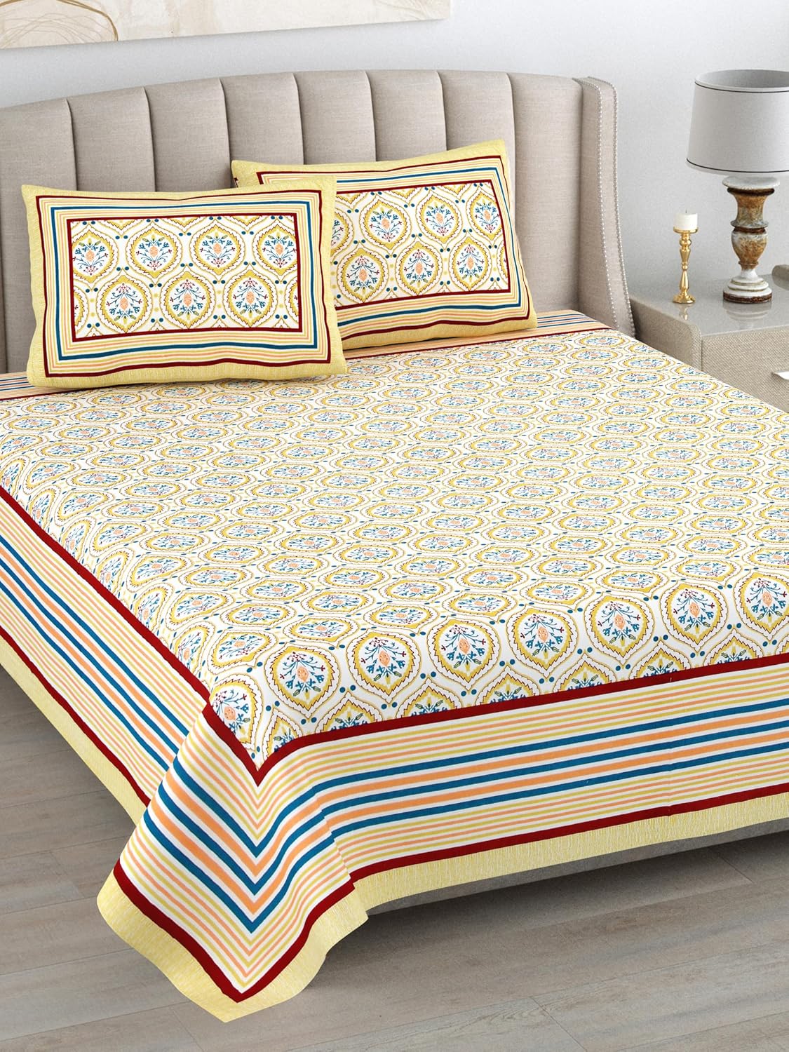 Bedsheet For Queen Bed With 2 Pillow Covers - 90 X 108 Inches, Yellow | Pure Cotton Traditional Jaipuri Printed | Ideal For Both Everyday Use & Special Events