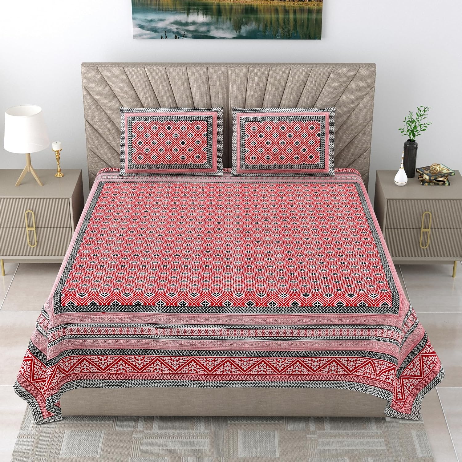Cotton Queen Size Bedsheet For Double Bed With 2 Pillow Covers | 90 X 108 Inches, Red & Black | Cotton Bedsheet Is Suitable For All Seasons | Ultra-Soft, Skin-Safe & Breathable Fabric