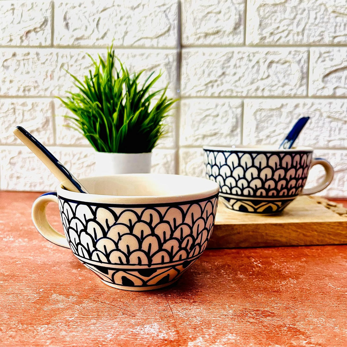 Mermaid Tales Hand Painted Handled Ceramic Soup Bowls With Spoons Set Of 2 - 300ml Each | Serving Bowls With Matching Spoons | Ceramic Soup Cups - 2 Pieces, Microwave Safe & Dishwasher Safe