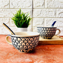 Mermaid Tales Hand Painted Handled Ceramic Soup Bowls With Spoons Set Of 2 - 300ml Each | Serving Bowls With Matching Spoons | Ceramic Soup Cups - 2 Pieces, Microwave Safe & Dishwasher Safe