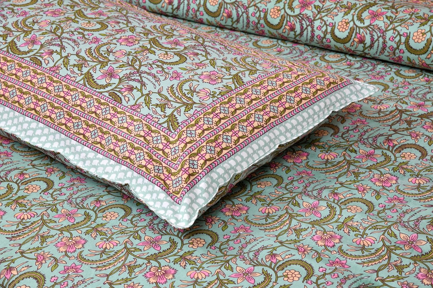 Jaipuri Cotton Double Bedsheet For Queen Size With 2 Pillow Cover (90 X 108 Inches) Green & Pink | Premium Cotton Material - Ideal For House, Hotel, Guest House