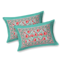 Hand Printed Double Bedsheet For King Size With 2 Pillow Covers | 90 X 108 Inches, Turquoise & Pink | Ultra-Soft & Skin-Safe | Breathable Summer Comfort