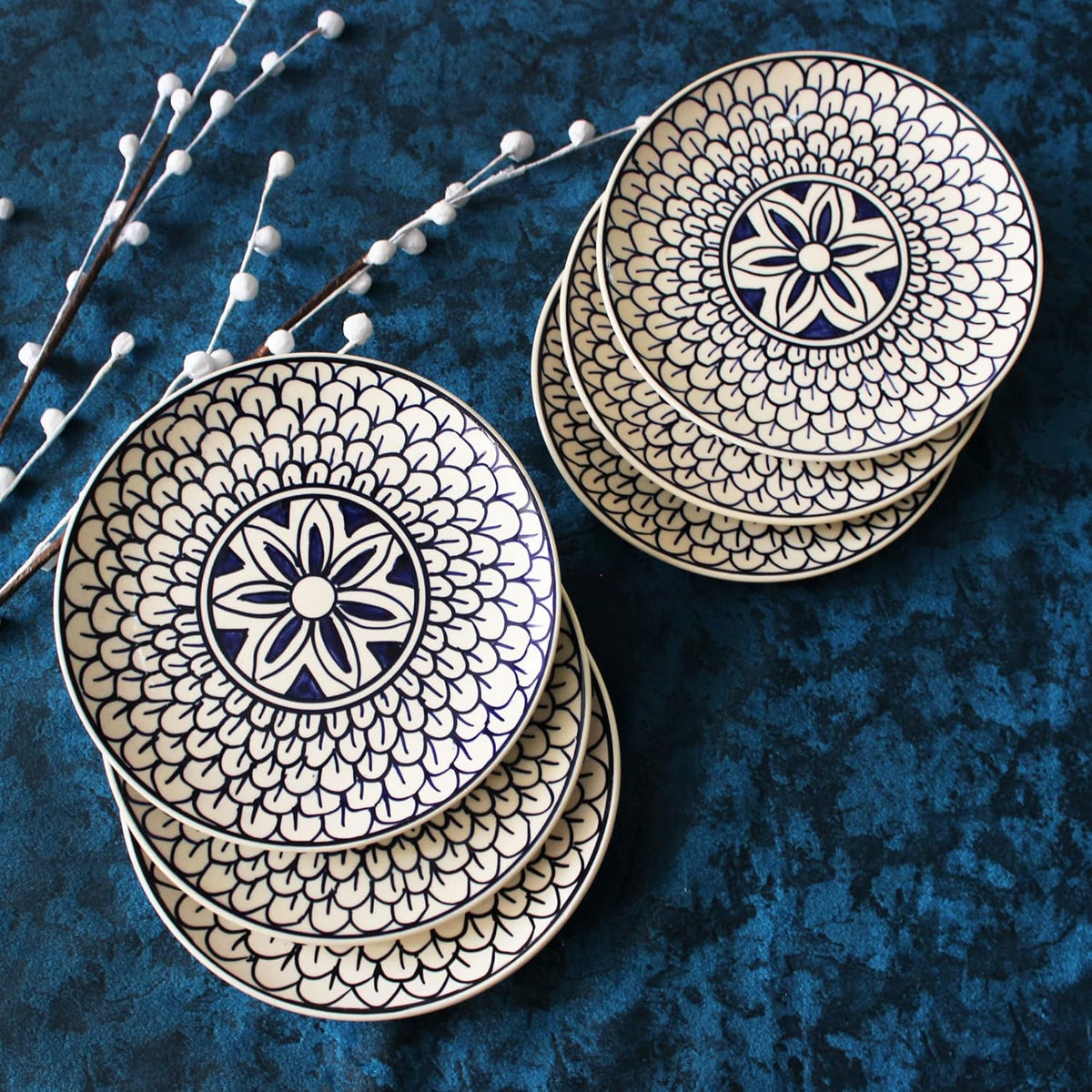 Mermaid Tales Hand Painted Ceramic Quarter Plates Set Of 6 - Blue & White | Small Side Plates For Dinner & Snacks - 7 Inch, 6 Pieces, Microwave Safe