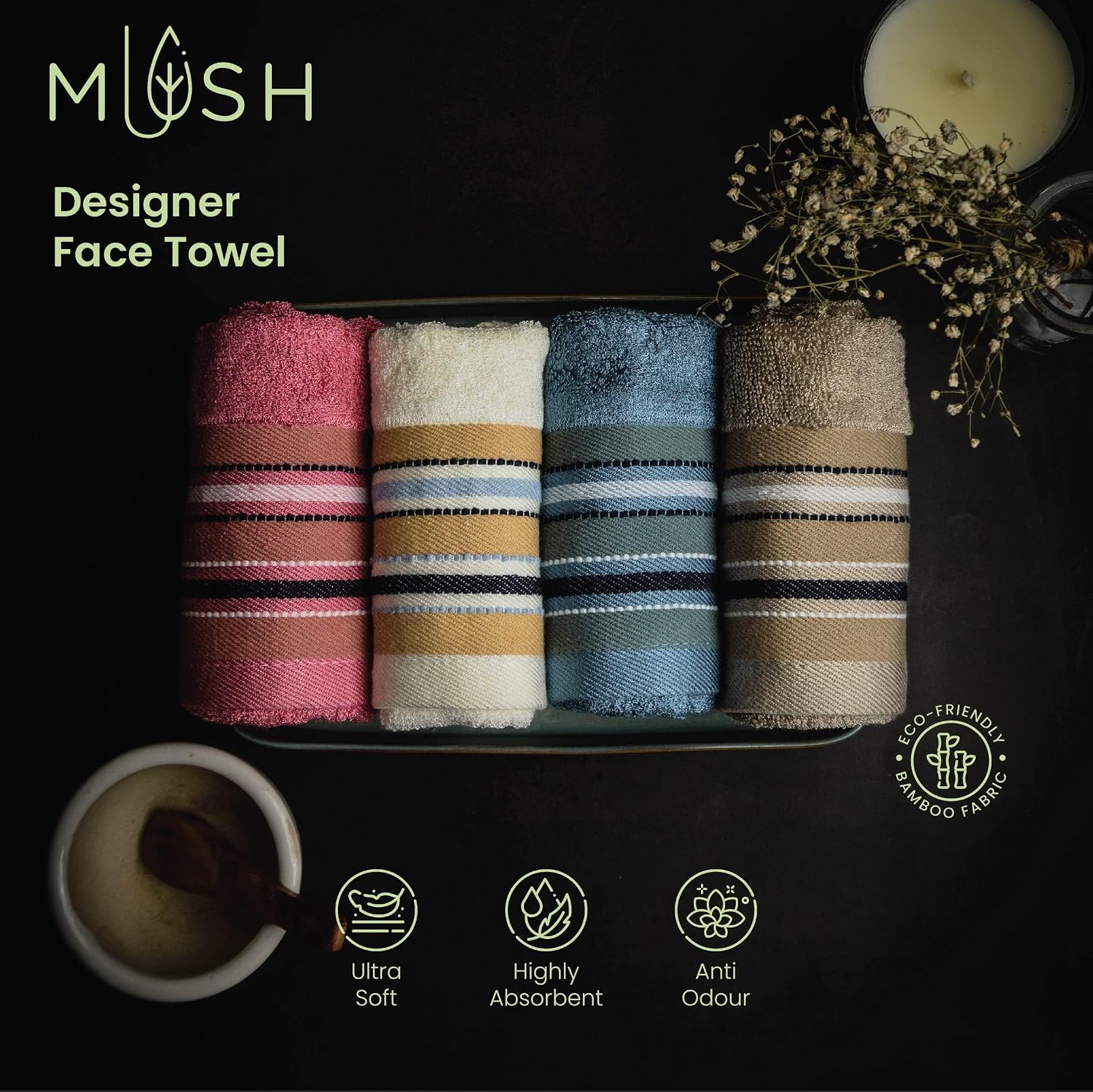 Mush Designer Bamboo Face Towel 600 Gsm | Ultra Soft, Absorbent & Quick Dry Face Towel - Emerald Blue (Set Of 3)