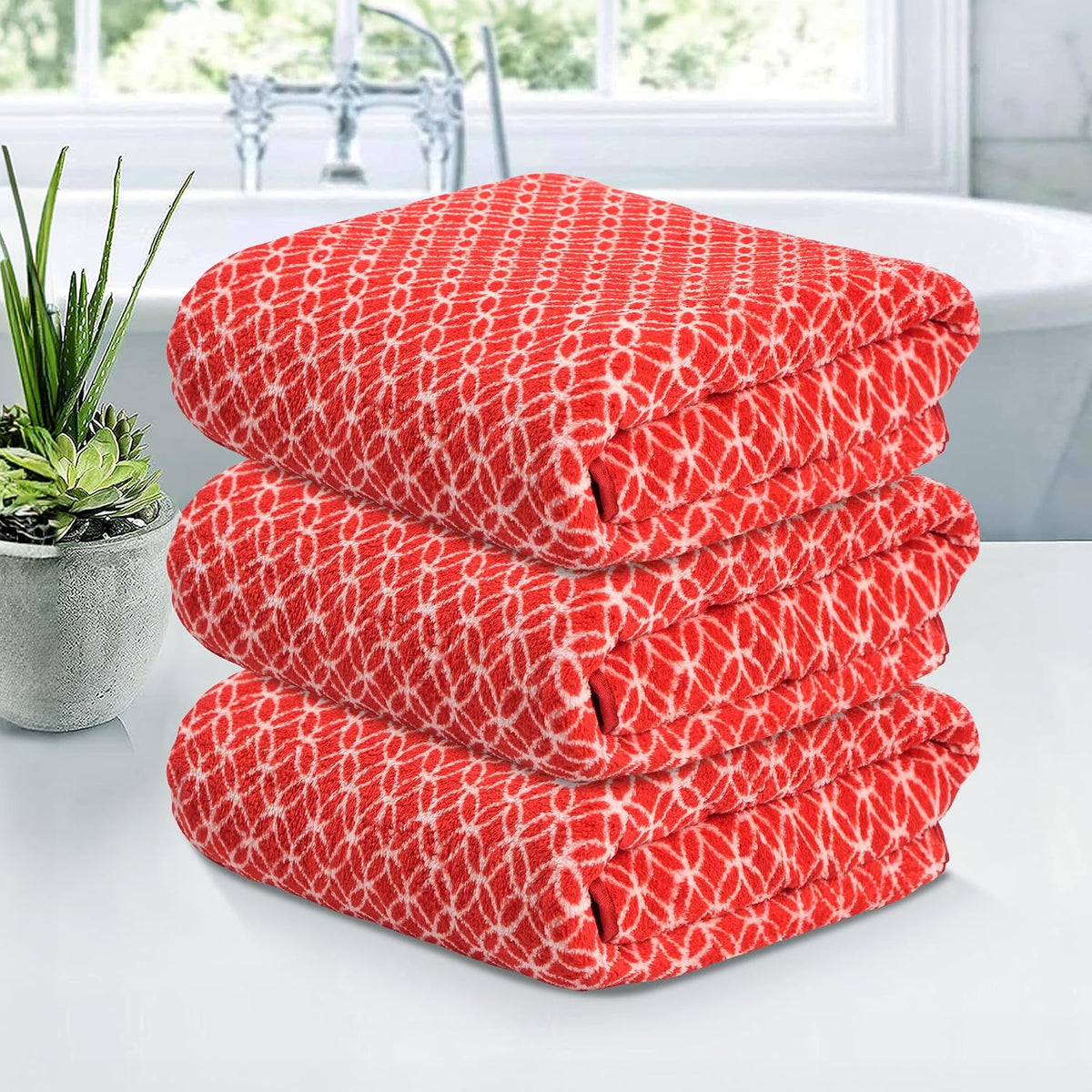 Kuber Industries Microfiber Bath Towel 1050 Gsm | Large Size Soft Quick Dry & Absorbent Shower Bath Towel (Circle - Red)- Pack Of 3