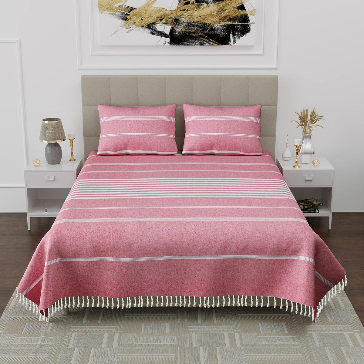 210 TC Double Bedsheet With Two Pillow Cover - Queen Size 90 X 100 Inches, Pink & White | Handloom Cotton Bedsheets For Double Bed | All Season Comfort