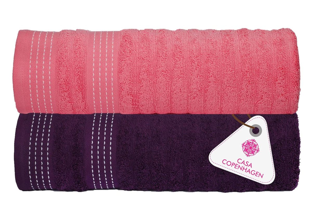 Casa Copenhagen Super Soft Elegance Collection 2 Pieces 100% Cotton Large Bath Towel 850 Gsm - Purple & Pink
