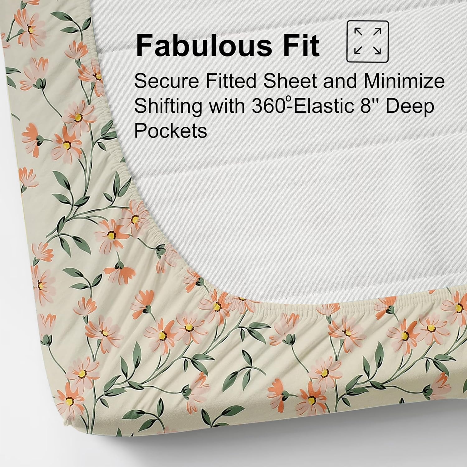 1 Elastic Fitted Bedsheet For King Size & 2 Pillow Covers - 78 X 72 Inches, Cream & Green | Elegant Floral Print Design & Skin-Friendly