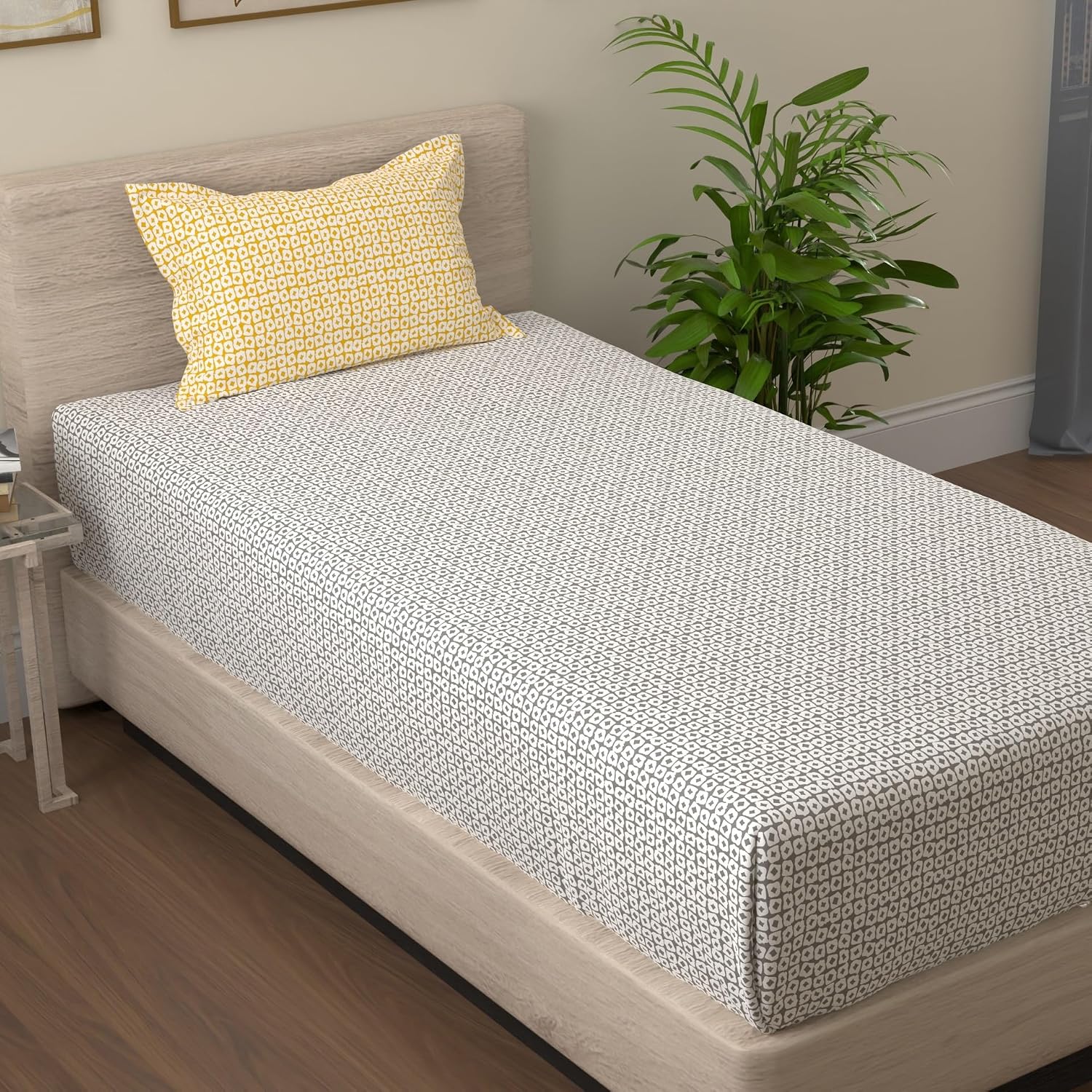 Cotton Bedsheet Single Bed With 1 Pillow Cover - 55 X 88 Inches, Grey & Yellow | Breathable & Wrinkle Free-Super Soft Premium Brushed Glace Cotton Bedsheet