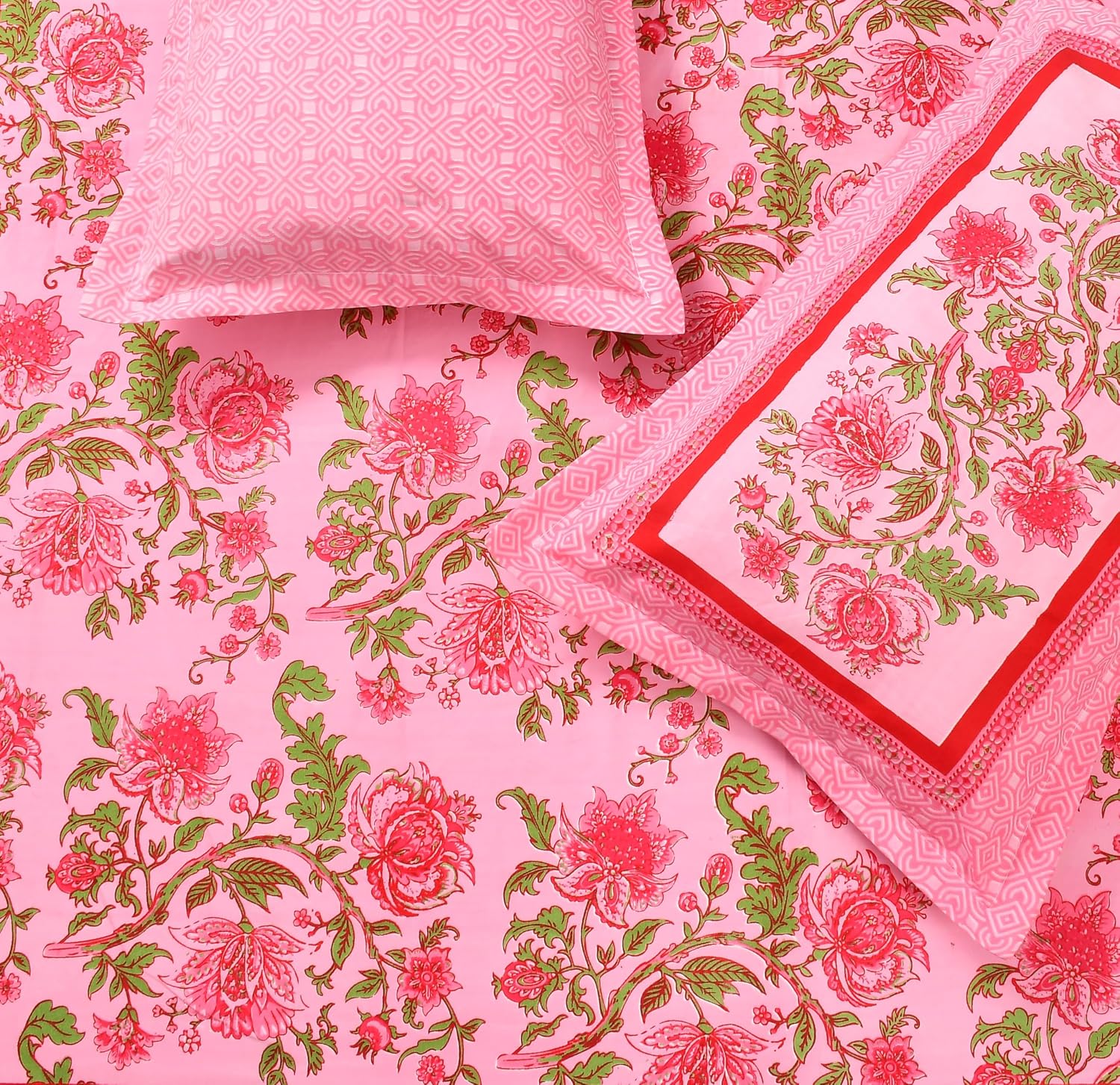 100% Cotton King Size Double Bedsheet With 2 Pillow Covers - 90 X 100 Inches, Pink | Traditional Floral Rajasthani Jaipuri Bedsheet