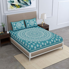 Printed Jaipuri Bedsheet For Double Bed With 2 Pillow Covers - 83 X 94 Inches, Sea Green | Long Lasting & Soft 120 Thread Count Bedsheet