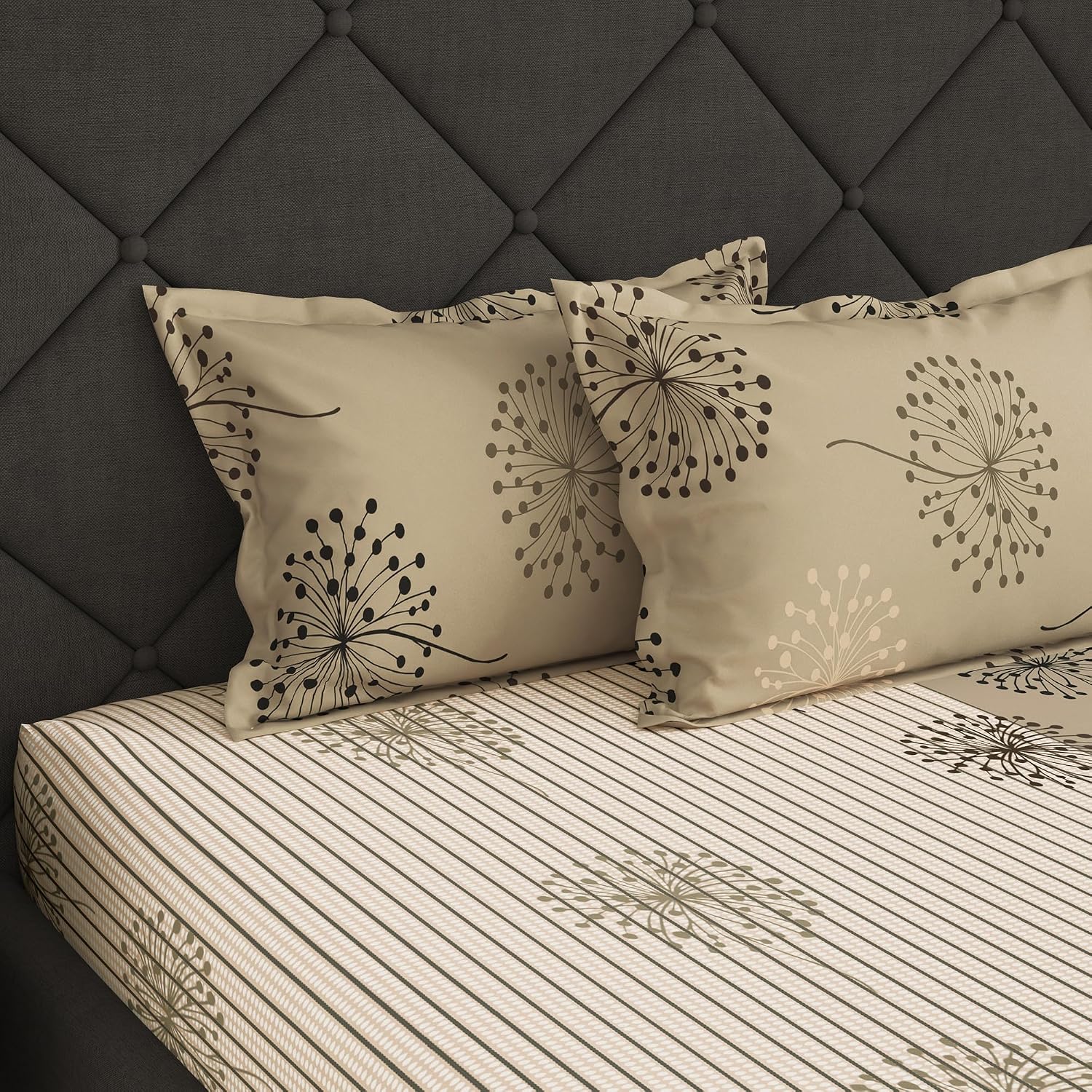 100% Cotton Elastic Fitted Double Bedsheet For Queen Size 2 Pillow Cover - 88 X 100 Inches, Beige | Perfect For Festive Gifting | Durability & Long-Lasting Use