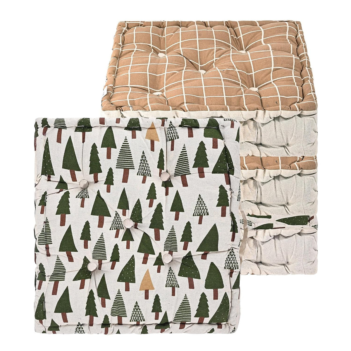 Soft Cotton Chair Cushions For Sitting, Button Pillow, Printed - Brown & Green | Pillow For Office Work & Posture Support | Sitting Cushion & Back Rest For Chair | Pain Relief - Pack Of 4