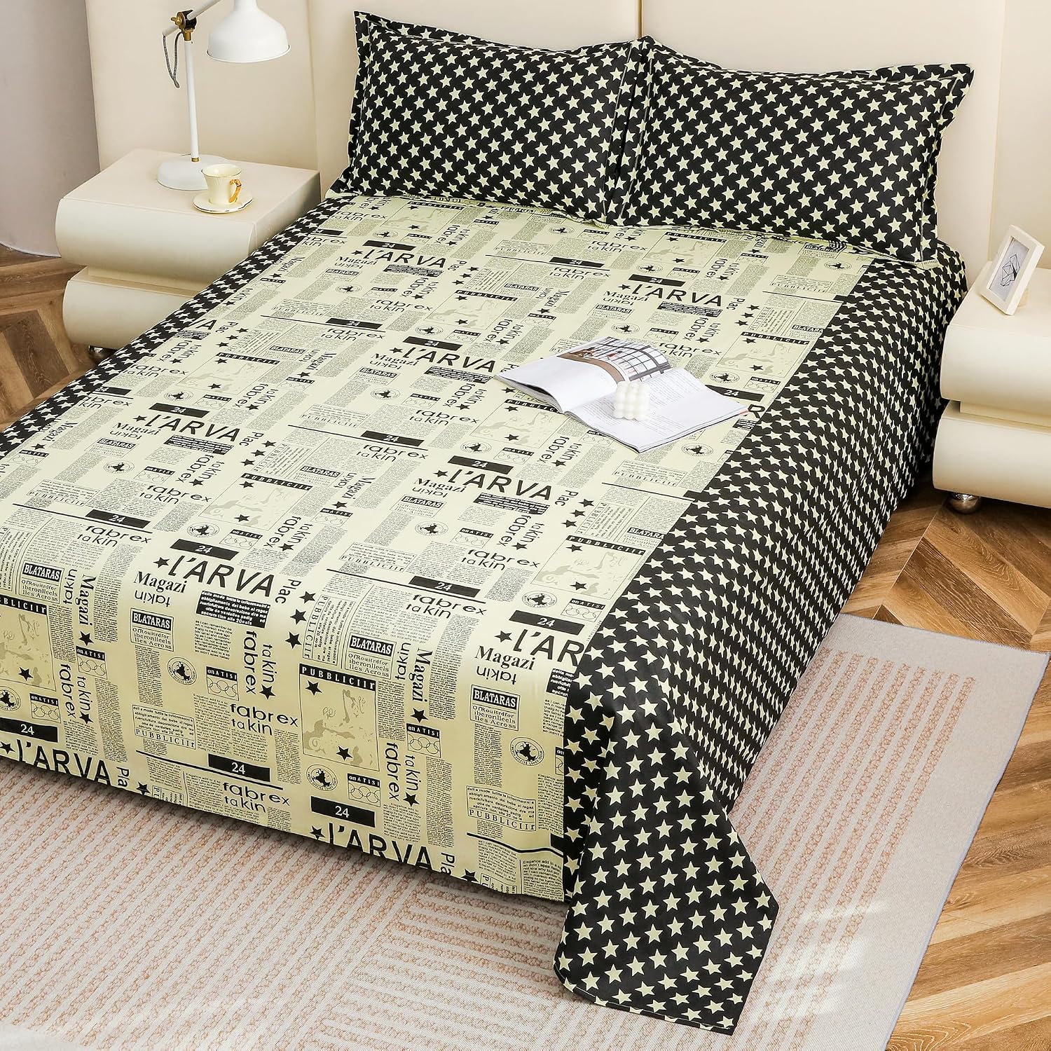 King Size Bedsheet With 2 Pillow Covers - 88 X 106 Inches, Cream & Black | Summer Breathable & Wrinkle Free | Bedsheet Long Lasting & Soft To Touch