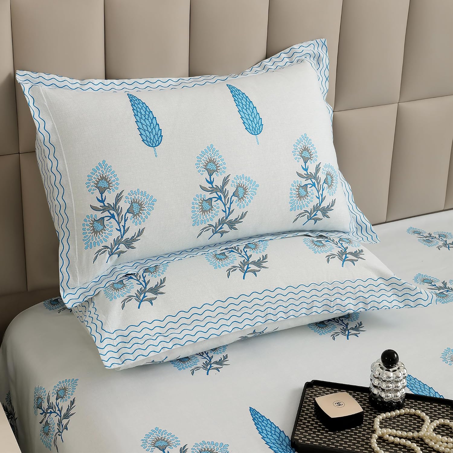 1 Piece Cotton Bedsheet For King Size With 1 Pillow Cover - 108 X 108 Inches, White & Light Blue | Soft & Durable For Everyday Use & Bedroom - All Season Comfort