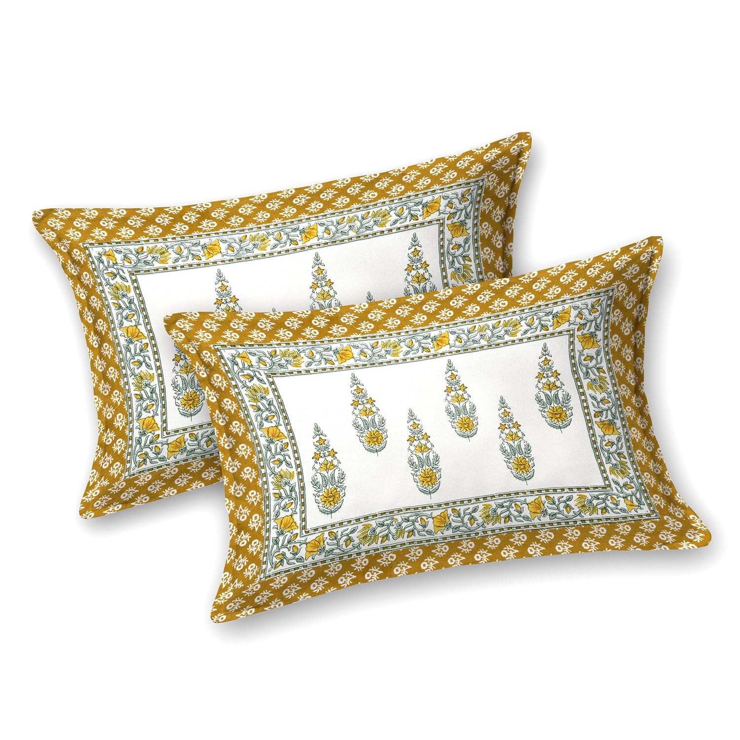 Jaipuri Cotton Double Bedsheet For Queen Size With 2 Pillow Cover (90 X 108 Inches) White & Yellow | Premium Cotton Material - Ideal For House, Hotel, Guest House