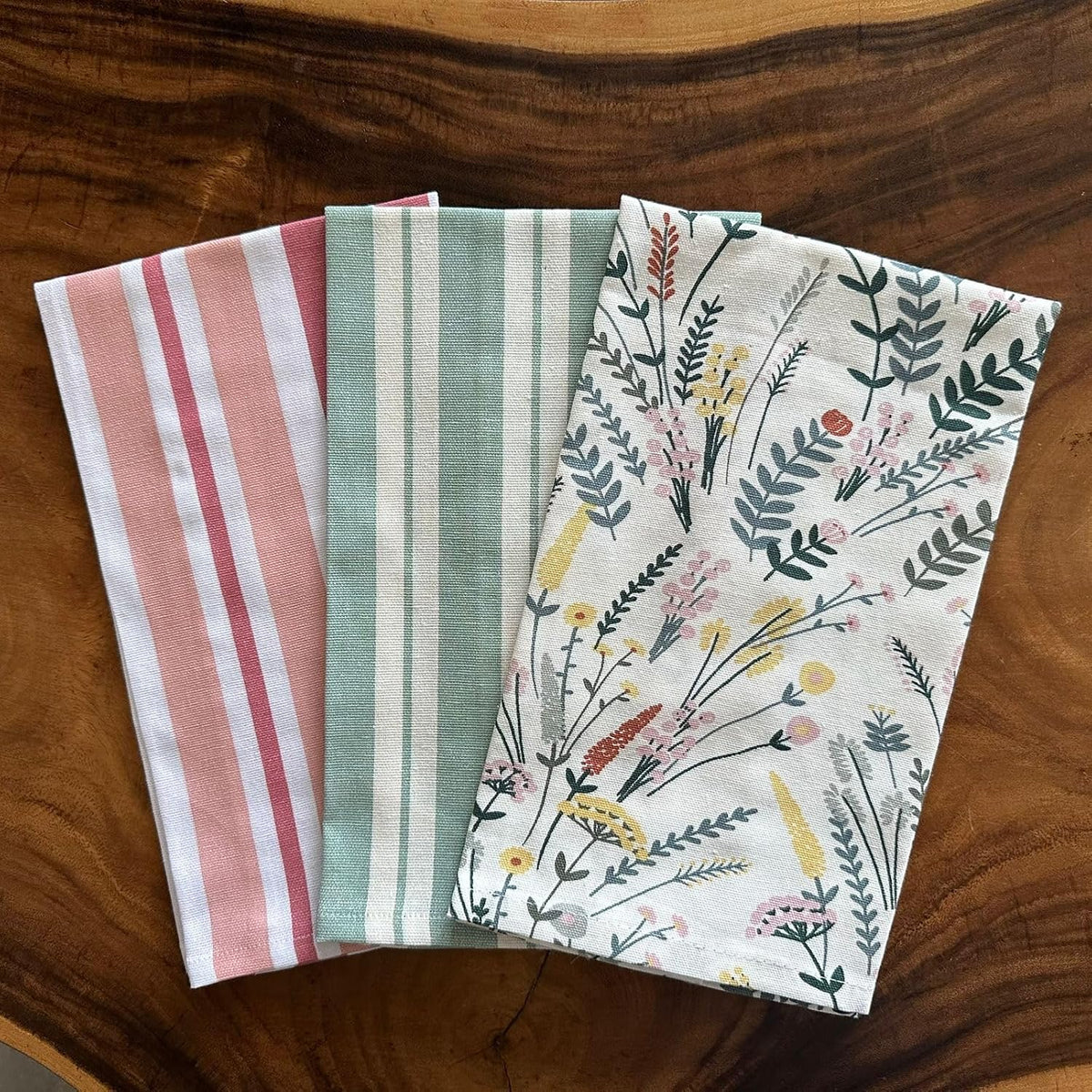 Oak & Lily 100% Cotton Kitchen Napkins Dish Towels 350 Gsm | Premium European Quality Washable, Large Size Kitchen Cloth For Roti, Cleaning, Drying | Green Floral (Set Of 3)