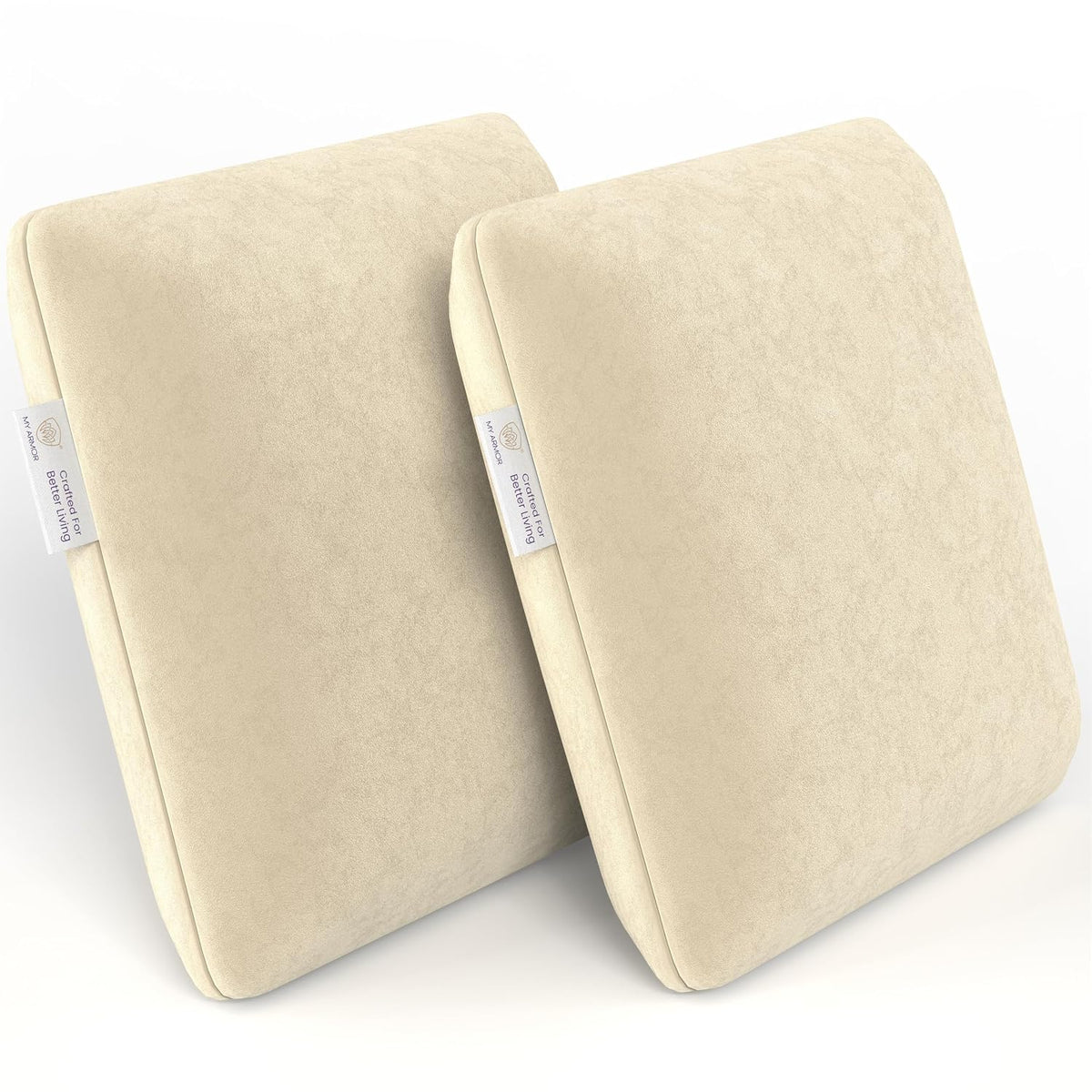 Memory Foam Square Cushion Pillow, For Car, Sofa & Diwan, Bed, Chair, Cream - 14 X 14 X 4 Inch | Highly Durable, Hypoallergenic, Adjustable, Velvet Cover, Multipurpose Use - Pack Of 2