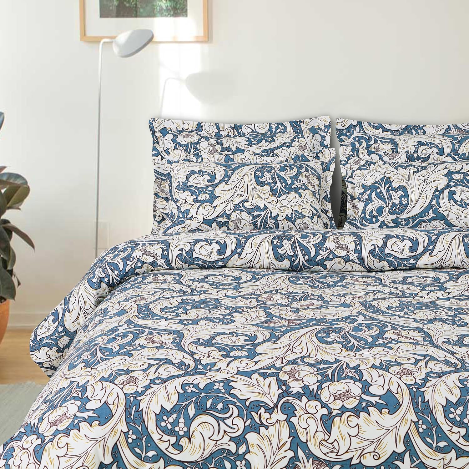 Cotton Elastic Fitted Printed Queen Size Double Bed Bedsheet With 2 Pillow Cover | 60 X 78 Inches, Blue - Soft Touch, Wrinkle Resistant, Skin Friendly
