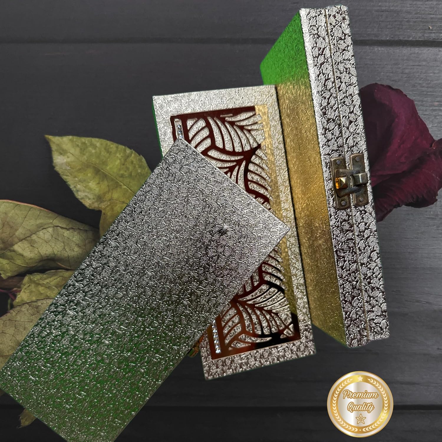 Designer Premium Mdf Wedding Box/Cash Box, Shagun Box, Decorative Box, Money Box, Gaddi Box 20 X 9 X 4cm, Colour - Golden, Style - Elegant Laser Cut