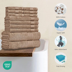 Trident Soft Comfort Air Rich Bath Towels 500 Gsm | 100% Cotton Towel, Super Soft, Highly Absorbent 12 Pieces (Acorn)